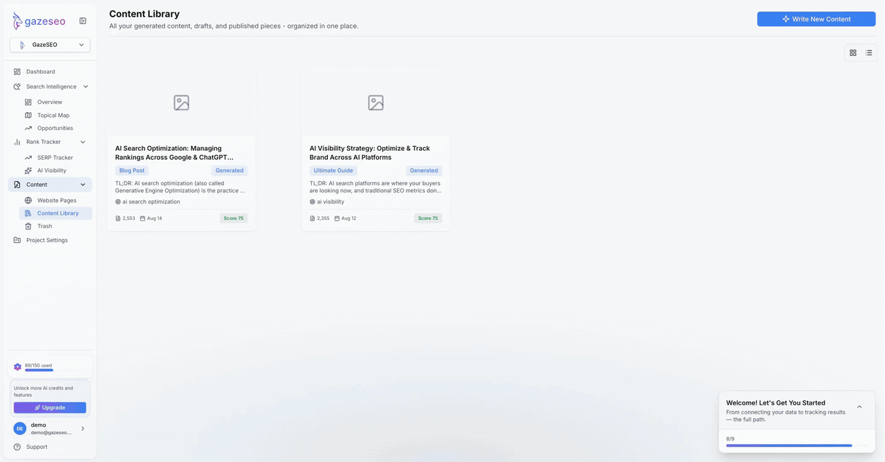 GazeSEO five-score breakdown: SEO, GEO, AEO, Brand Voice, and Factual Grounding